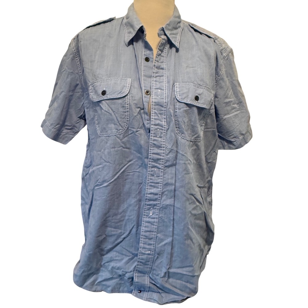 Tommy Hilfiger Mens Trim Fit Military Shirt Light Blue Short Sleeve Large L